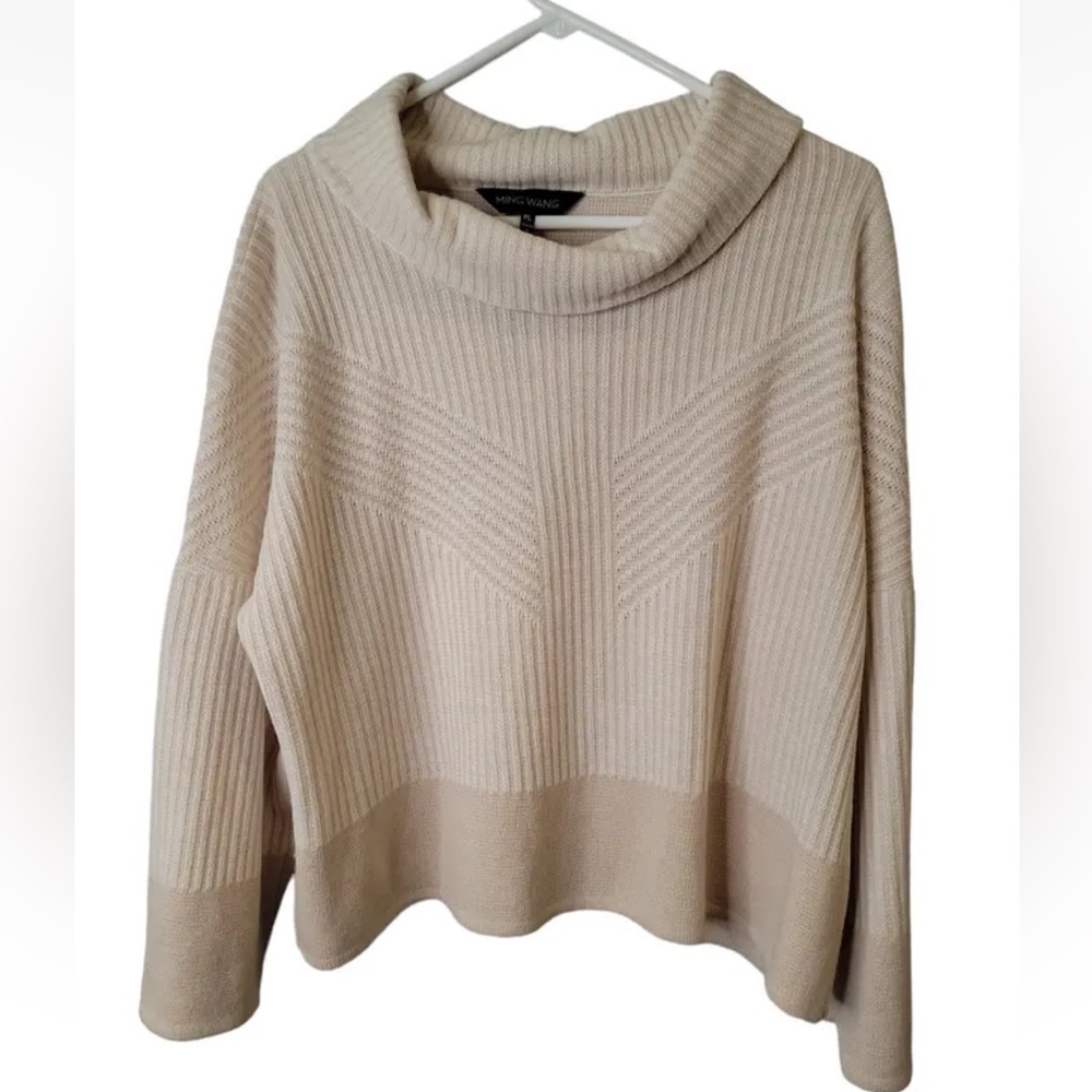 Ming Wang Beige Pullover Geometric Cowl Neck Wool Blend Sweater size PXL